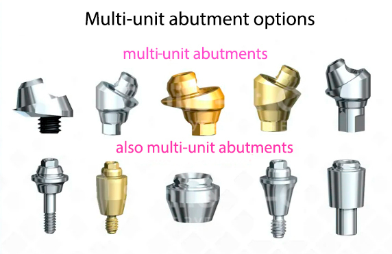Different types of multi-unit abutments used for screw-fixed implant prostheses